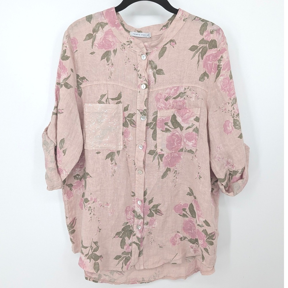 Tempo Paris Linen Floral Button Front Blouse Women Small Pink Sequin Italy